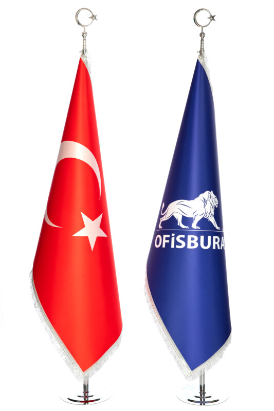 Gümüş Saçaklı Krom Direkli Logolu + Türk Bayrağımız Makam Takımı 2'li - 1