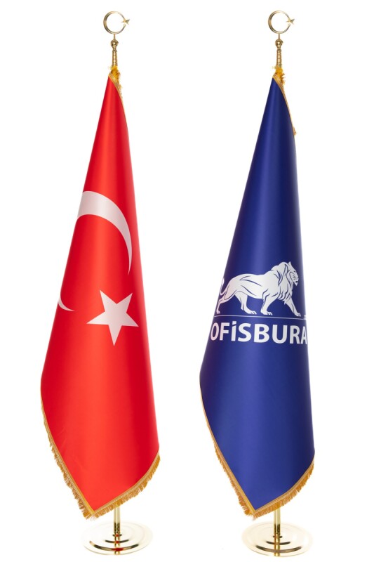 Sarı Saçaklı Sarı Direkli Logolu + Türk Bayrağımız Makam Takımı 2'li - 1